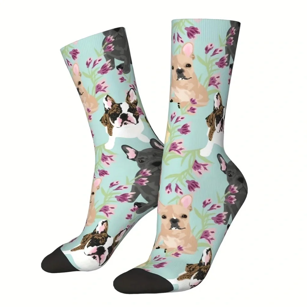 French Bulldog Dog and Floral Print Crew Socks - Unisex